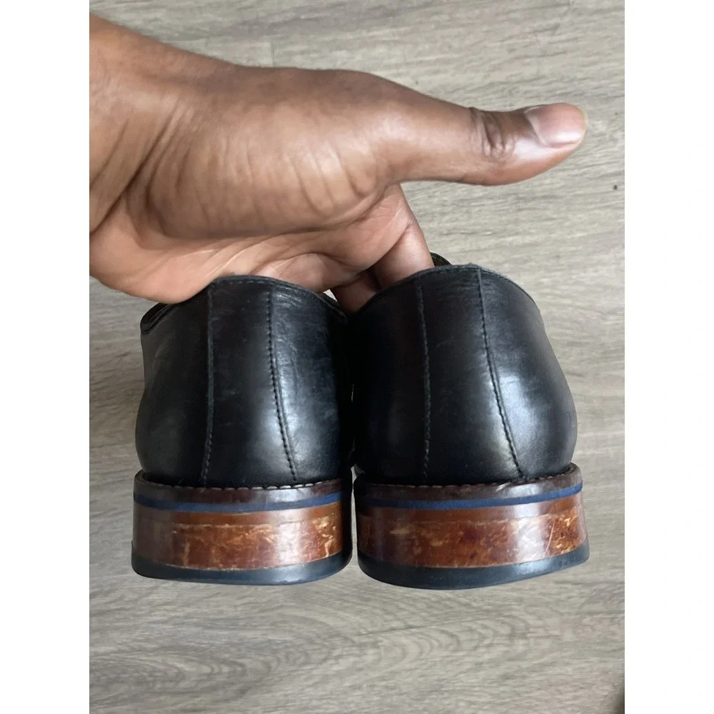 Size 11- Johnston Murphy Oxford Shoes Conrad Plain Toe Black Leather Blue Detail